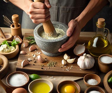 Una persona preparando salsa alioli